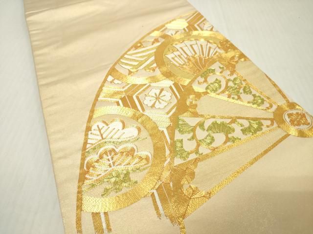 平和屋着物▼太鼓柄袋帯 駒刺繍 総刺繍 扇面舞蝶花丸文 金糸 正絹 逸品 DABJ7958fe