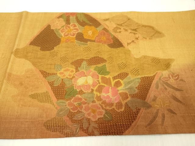 平和屋着物●中国三大刺繍 スワトウ刺繍 汕頭刺繍 総刺繍 太鼓柄袋帯 紬地 花車 正絹 逸品 DABJ7997fe