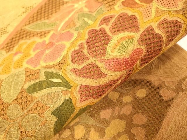 平和屋着物●中国三大刺繍 スワトウ刺繍 汕頭刺繍 総刺繍 太鼓柄袋帯 紬地 花車 正絹 逸品 DABJ7997fe