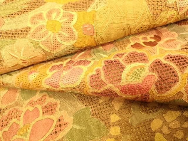 平和屋着物●中国三大刺繍 スワトウ刺繍 汕頭刺繍 総刺繍 太鼓柄袋帯 紬地 花車 正絹 逸品 DABJ7997fe