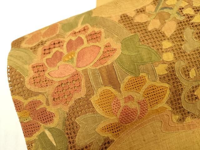 平和屋着物●中国三大刺繍 スワトウ刺繍 汕頭刺繍 総刺繍 太鼓柄袋帯 紬地 花車 正絹 逸品 DABJ7997fe