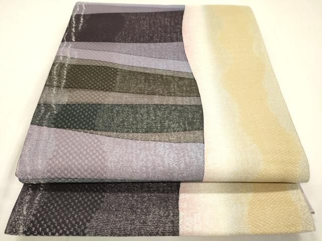 平和屋着物▼全通柄袋帯 横段文 銀通し地 正絹 逸品 DABL2189fe
