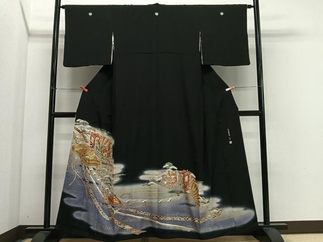 平和屋着物■豪華黒留袖 駒刺繍 上村松園の世界 御所車扇面花文 暈し染め 金銀彩 正絹 逸品 CABM6748ua