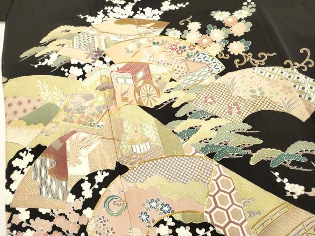 平和屋着物■豪華黒留袖 駒刺繍 吉祥地紙花文 金彩 正絹 逸品 DABK9786cd