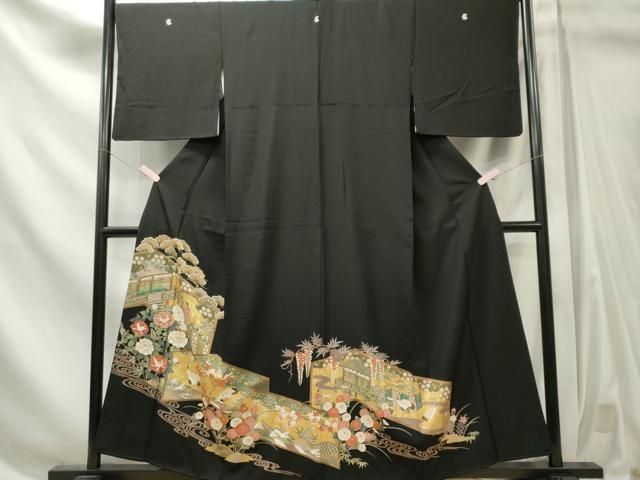 平和屋着物■豪華黒留袖 駒刺繍 人物群鶴風景文 金彩 正絹 逸品 CABL5850ou