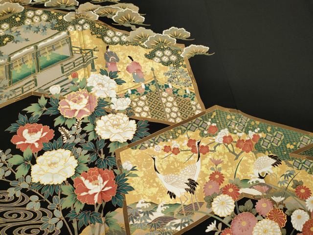 平和屋着物■豪華黒留袖 駒刺繍 人物群鶴風景文 金彩 正絹 逸品 CABL5850ou