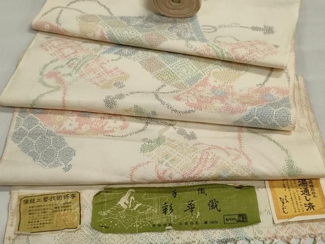 平和屋着物▼お召 反物 着尺 手織 彩華織 絵巻花文 逸品 未使用 DABJ9873we