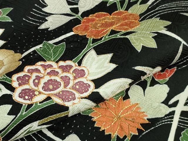 平和屋本店●極上 訪問着 駒刺繍 立波板橋花文 黒地 金彩 逸品 未使用 DZAB6996kh6
