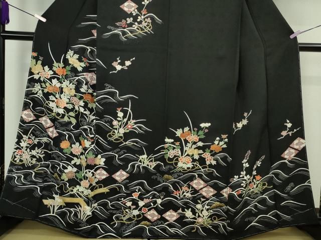 平和屋本店●極上 訪問着 駒刺繍 立波板橋花文 黒地 金彩 逸品 未使用 DZAB6996kh6