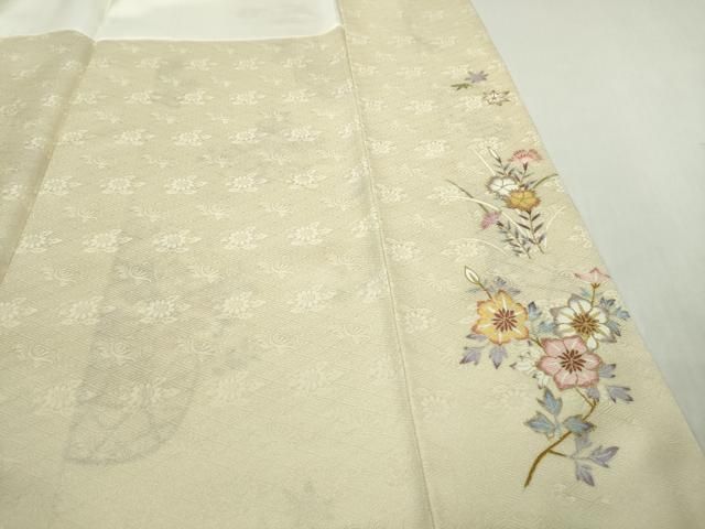 平和屋本店●極上 訪問着 駒刺繍 花篭 鳥の子色地 金彩 伊と幸 三越扱い 反端付き 逸品 未使用 DZAB5820kh6