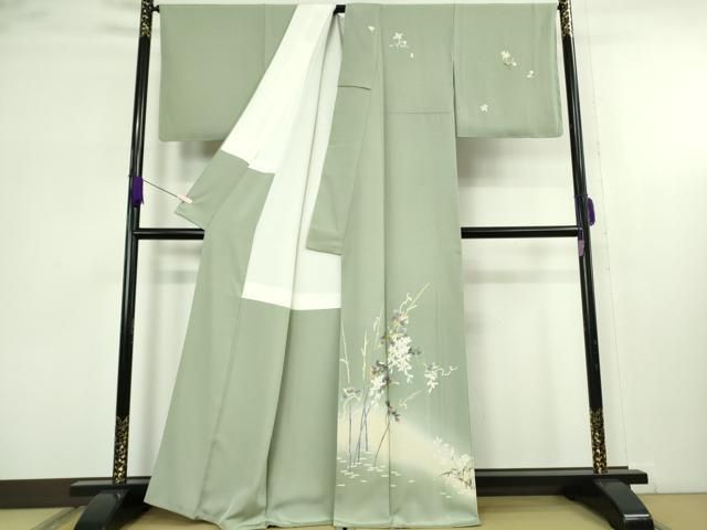 平和屋本店●極上 京加賀友禅 百貫石峰 訪問着 枝花文 暈し染め 山葵色地 逸品 DZAB1595kh6