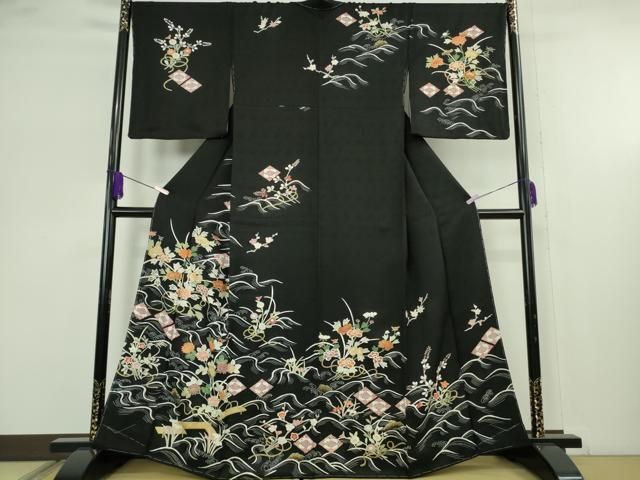 平和屋本店●極上 訪問着 駒刺繍 立波板橋花文 黒地 金彩 逸品 未使用 DZAB6996kh6