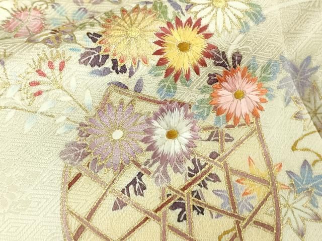 平和屋本店●極上 訪問着 駒刺繍 花篭 鳥の子色地 金彩 伊と幸 三越扱い 反端付き 逸品 未使用 DZAB5820kh6