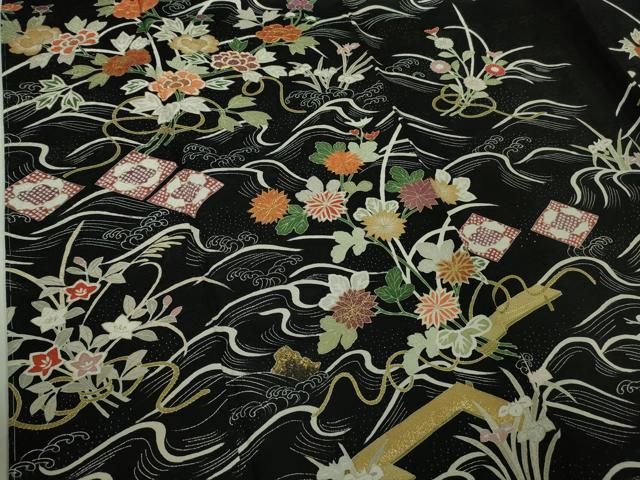 平和屋本店●極上 訪問着 駒刺繍 立波板橋花文 黒地 金彩 逸品 未使用 DZAB6996kh6