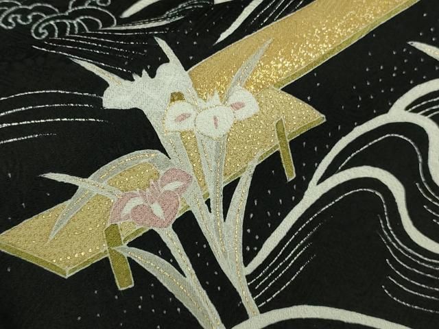 平和屋本店●極上 訪問着 駒刺繍 立波板橋花文 黒地 金彩 逸品 未使用 DZAB6996kh6