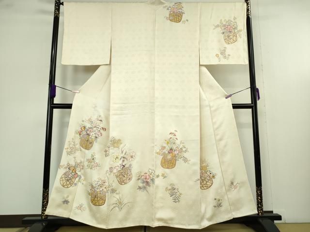 平和屋本店●極上 訪問着 駒刺繍 花篭 鳥の子色地 金彩 伊と幸 三越扱い 反端付き 逸品 未使用 DZAB5820kh6
