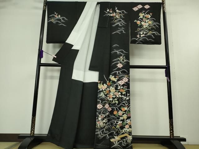 平和屋本店●極上 訪問着 駒刺繍 立波板橋花文 黒地 金彩 逸品 未使用 DZAB6996kh6
