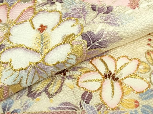 平和屋本店●極上 訪問着 駒刺繍 花篭 鳥の子色地 金彩 伊と幸 三越扱い 反端付き 逸品 未使用 DZAB5820kh6