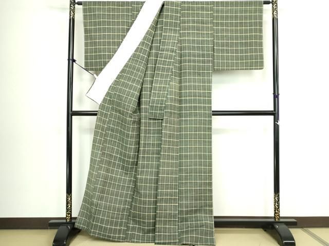 平和屋着物▽信州紬 単衣 格子 証紙付き 正絹 逸品 DABL4045cd