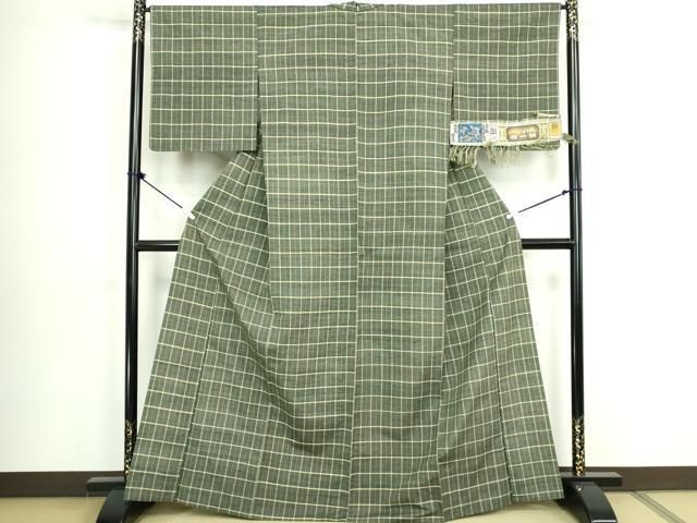 平和屋着物▽信州紬 単衣 格子 証紙付き 正絹 逸品 DABL4045cd