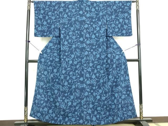 平和屋着物▽上質な小紋 単衣 藍 枝花文 正絹 逸品 DABL4064cd