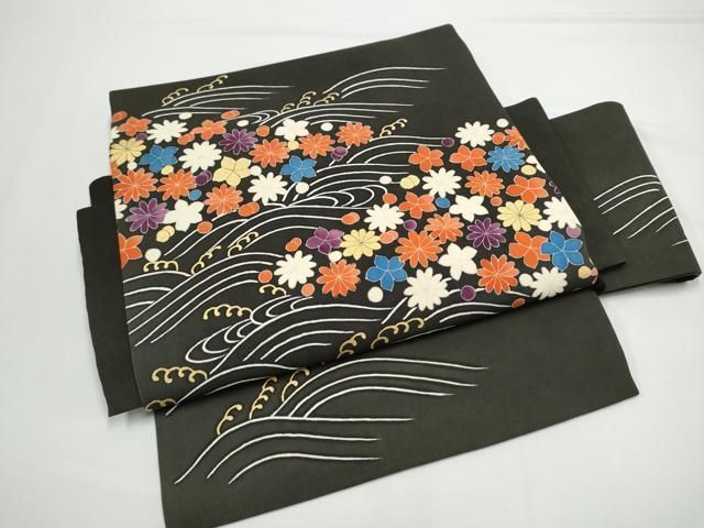 平和屋着物●塩瀬 つけ帯 流水花文 黒地 金彩 正絹 逸品 CABN8100hy