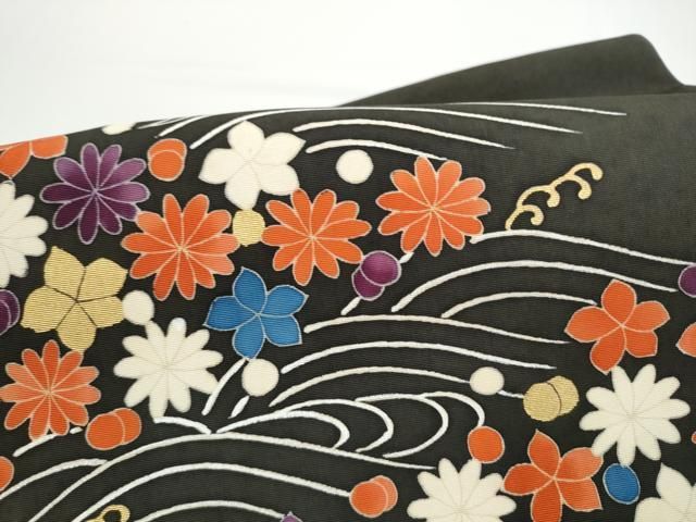 平和屋着物●塩瀬 つけ帯 流水花文 黒地 金彩 正絹 逸品 CABN8100hy