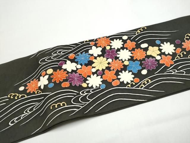 平和屋着物●塩瀬 つけ帯 流水花文 黒地 金彩 正絹 逸品 CABN8100hy