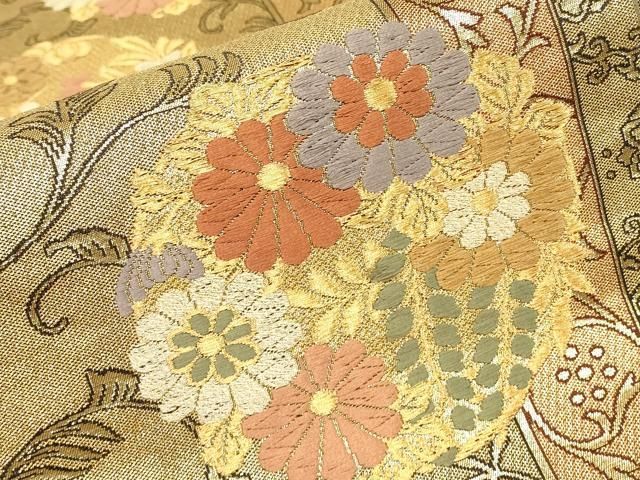 平和屋着物▼両面 六通柄袋帯 唐織 花松丸文 金糸 正絹 逸品 DABK4682az