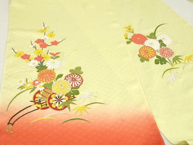 平和屋着物▼付下げ 反物 着尺 駒刺繍 花車文 暈し染め 金彩 逸品 未使用 DABK9469zy