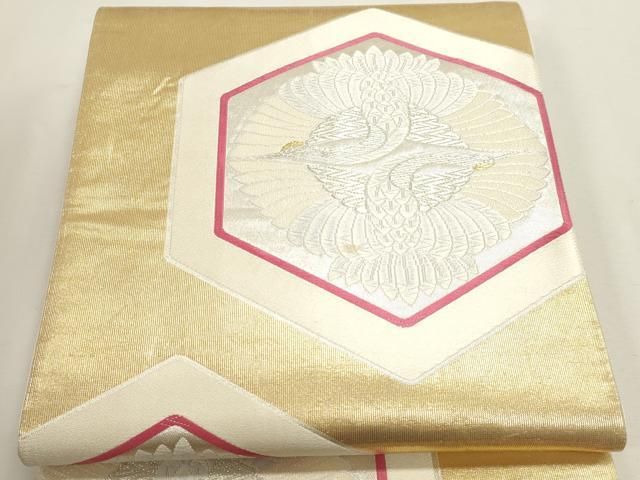 平和屋本店▼六通柄袋帯 唐織 双鶴亀甲花文 綴本金箔 正絹 逸品 DABK5837sf