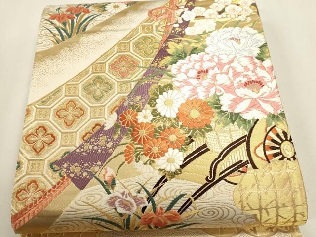 平和屋本店▼六通柄袋帯 唐織 几帳花車文 純金箔24k使用 正絹 逸品 DABK5850sf