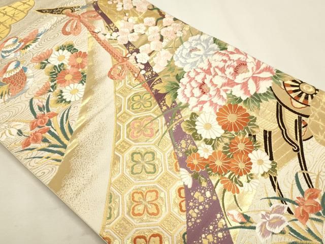 平和屋本店▼六通柄袋帯 唐織 几帳花車文 純金箔24k使用 正絹 逸品 DABK5850sf