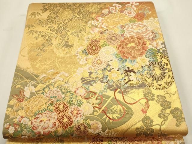 平和屋本店▼六通柄袋帯 花車流水文 本金箔 正絹 逸品 DABK5950sf