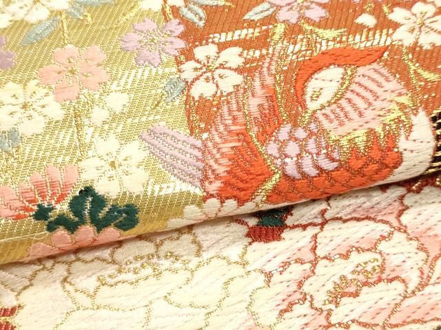 平和屋本店▼六通柄袋帯 御所車花鳥文 本金箔 正絹 逸品 DABK5959sf