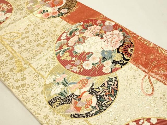 平和屋本店▼六通柄袋帯 御所車花鳥文 本金箔 正絹 逸品 DABK5959sf