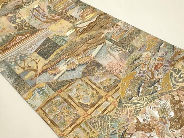 平和屋本店▼極上 西陣あさぎ 丸帯 伝承国宝図 プラチナ本金箔 壱仟八百口織 分析通知書付き 正絹 逸品 DABL7529sf