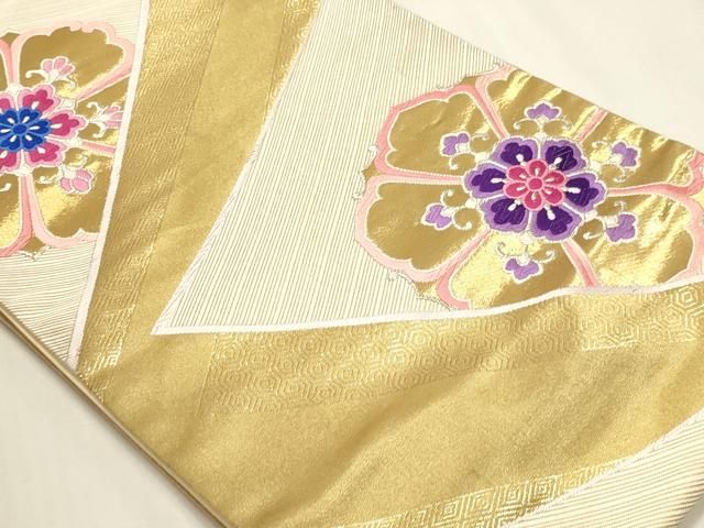 平和屋本店▼六通柄袋帯 唐織 正倉院花文 k24金箔二重織 正絹 逸品 DABL7579sf