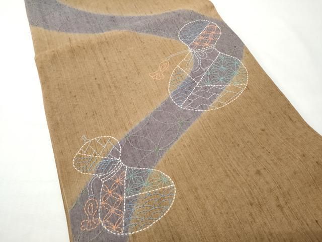 平和屋着物●袋帯 総刺繍 紬地 刺し子 瓢箪 正絹 逸品 未使用 CABO1684hy