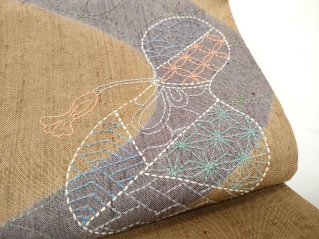 平和屋着物●袋帯 総刺繍 紬地 刺し子 瓢箪 正絹 逸品 未使用 CABO1684hy