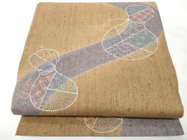 平和屋着物●袋帯 総刺繍 紬地 刺し子 瓢箪 正絹 逸品 未使用 CABO1684hy