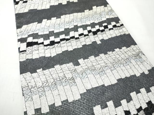 平和屋着物●六通柄袋帯 作家物 幾何学文様 黒地 銀糸 正絹 逸品 CABO1681hy