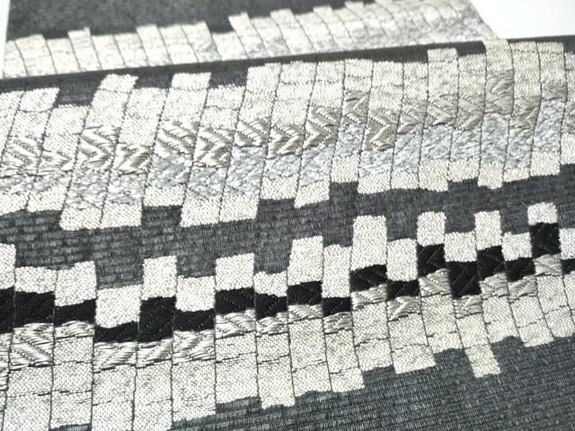 平和屋着物●六通柄袋帯 作家物 幾何学文様 黒地 銀糸 正絹 逸品 CABO1681hy