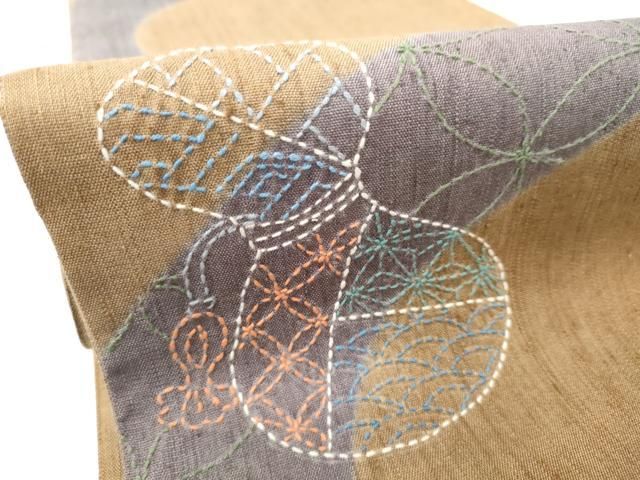 平和屋着物●袋帯 総刺繍 紬地 刺し子 瓢箪 正絹 逸品 未使用 CABO1684hy