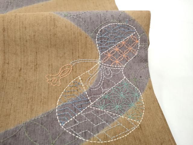 平和屋着物●袋帯 総刺繍 紬地 刺し子 瓢箪 正絹 逸品 未使用 CABO1684hy