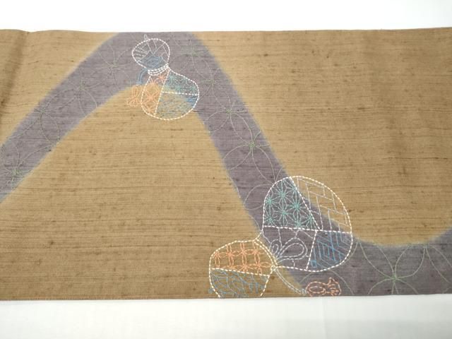 平和屋着物●袋帯 総刺繍 紬地 刺し子 瓢箪 正絹 逸品 未使用 CABO1684hy