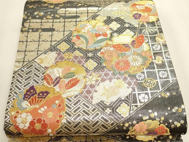 平和屋本店▼佐賀錦 六通柄袋帯 唐織 優雅 雪輪花蝶文 純金箔二重織 正絹 逸品 DABL7621sf