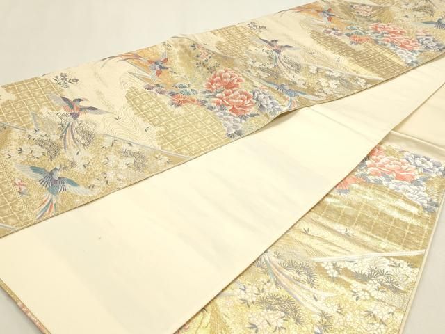 平和屋本店▼六通柄袋帯 唐織 尾長鳥花文 本金箔二重織 正絹 逸品 DABL7656sf