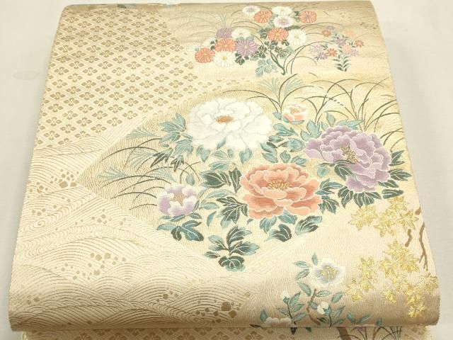 平和屋本店▼六通柄袋帯 琳派扇面草花 本金箔 正絹 逸品 DABL7655sf