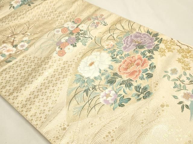 平和屋本店▼六通柄袋帯 琳派扇面草花 本金箔 正絹 逸品 DABL7655sf